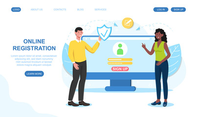 Male and female characters are registrating their profile online. Concept of secure registration or sign up user interface. Website, web page, landing page template. Flat cartoon vector illustration