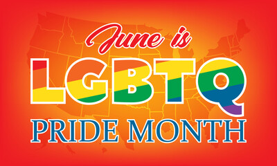 LGBT Pride Month in June. LGBT flag in text. Poster, card, banner, background, T-shirt design. 