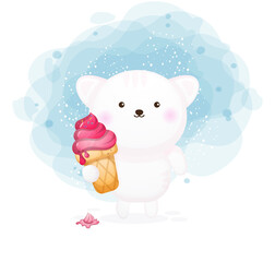 Cute kitty holding ice cream cartoon character. melted ice cream Premium Vector