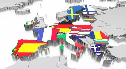 European Union concept, international flags - 3D illustration