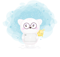 Cute kitty holding tablet cartoon illustration Premium Vector