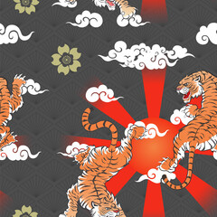 Seamless Art Japanese Repeat Pattern Colorful Theme Double Tiger Roaring Around the Sun with Radiant with Different Cloud Shape and Sakura on Diamond Pattern Black Background Design for Wrapping Paper