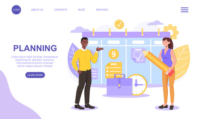 Male and female characters are planning events together. Man and woman developing a plan and marking on calendar with pencil. Website, web page, landing page template. Flat cartoon vector illustration