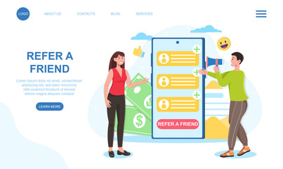 Female character is refering a friend of hers in smartphone application. Man is speaking through megaphone. Website, web page, landing page template. Flat cartoon vector illustration