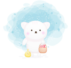 Cat holding fish basket with chicks cartoon illustration Premium Vector