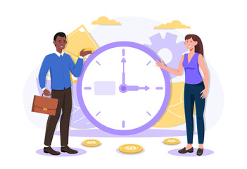 Time is money or time for investment abstract concept. Business people, Man and woman are standing near big clock. Flat cartoon vector illustration