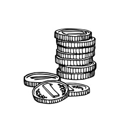 a stack of metal coins, money, symbol of wealth, numismatic hobby, vector illustration with black ink contour lines isolated on a white background in a doodle and hand drawn style