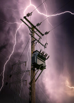Bright lightning bolts striking electric power pylon tower cables and sub station strike. Electricity discharge cloud to ground storm with transformer on wooden telegraph pole silhouette against sky