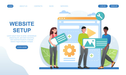 Male and female characters are working on website setup. Group of people is holding design elements to create website. Website, web page, landing page template. Flat cartoon vector illustration