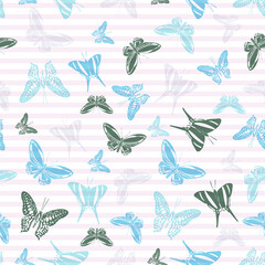 Flying butterfly silhouettes over striped background vector seamless pattern.