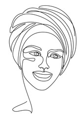 Silhouettes of the head of a girl in a turban, scarf. Woman face in modern one line style. Solid line, aesthetic outline for decor, posters, stickers, logo. Vector illustration.
