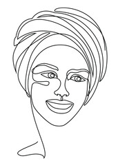 Silhouettes of the head of a girl in a turban, scarf. Woman face in modern one line style. Solid line, aesthetic outline for decor, posters, stickers, logo. Vector illustration.