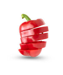 sliced and falling red pepper isolated on white background
