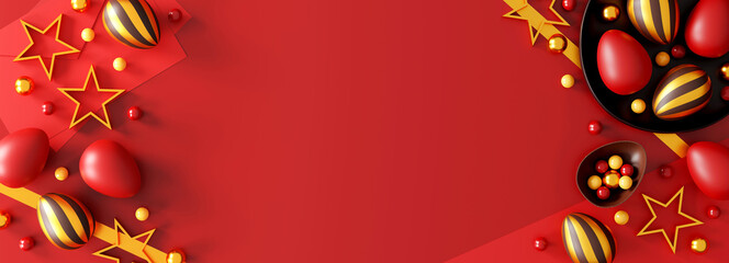 chocolate easter eggs on red background. greeting card, poster, banner template. top view. flat lay. 3D illustration