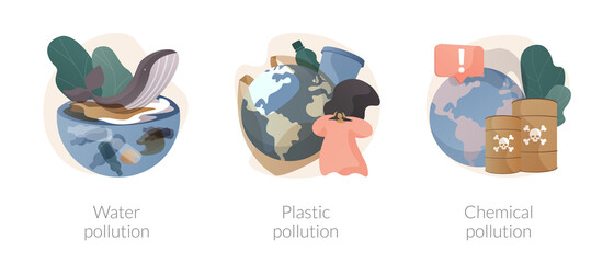 Fototapeta premium Environmental issue abstract concept vector illustration set. Water pollution, plastic ocean, landfill chemical contamination, hazardous waste, climate change, dangerous trash abstract metaphor.