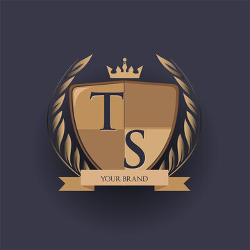 initial letter TS logotype colored brown and gold isolated with shield, crown and laurel design, logo for college and sport club.