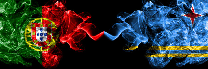 Portugal, Portuguese vs Netherlands, Dutch, Holland, Aruba smoky mystic flags placed side by side. Thick colored silky abstract smoke flags.