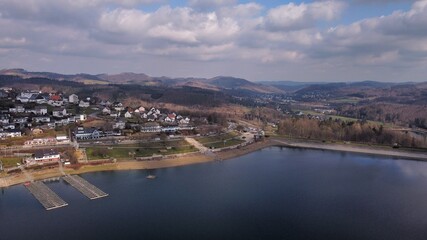 Fototapeta na wymiar Aerial view over the Sorpesee dam in the Sauerland region