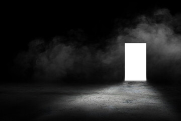 dark concrete interior with glowing doorway and white smoke. space for text