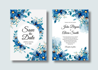 Wedding invitation card set with blue floral watercolor