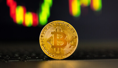 Close up golden Bitcoins mockup on tablet and stock chart background. Investment success Crypto currency Concept.