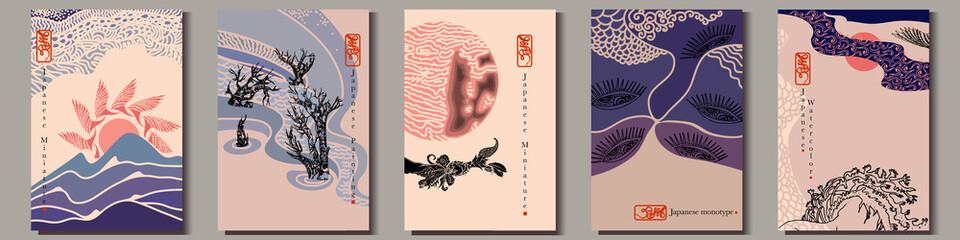 Abstract nature drawings in minimalistic Japanese style. Vector Illustration