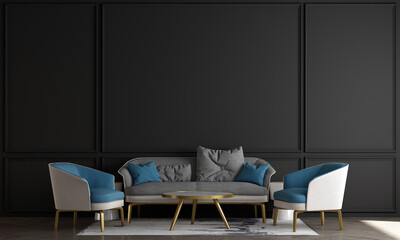 Modern black living room interior design with decoration and empty mock up picture frame 3D Rendering, 3D Illustration