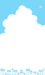 夏の青空と入道雲と飛行機と街並みのベクターイラスト背景(風景)
