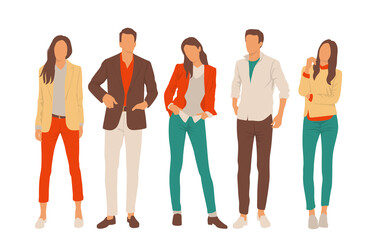 Obraz premium Set of young men and women, different colors, cartoon character, group of silhouettes of standing business people, students, the design concept of flat icon, isolated on white background