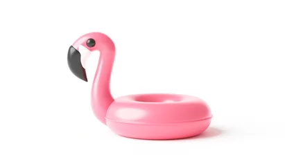 Keuken spatwand met foto Pink inflatable flamingo swimming pool ring and summer season isolated on white background. 3D rendering. © Lemonsoup14