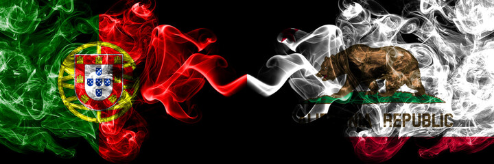 Portugal, Portuguese vs United States of America, America, US, USA, American, California, Californian smoky mystic flags placed side by side. Thick colored silky abstract smoke flags.