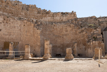 The courtyard  ruins of the palace of King Herod - Herodion in the Judean Desert, in Israel