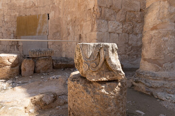 Well-preserved  pillar with decorative ornaments in ruins of the palace of King Herod - Herodion in the Judean Desert, in Israel