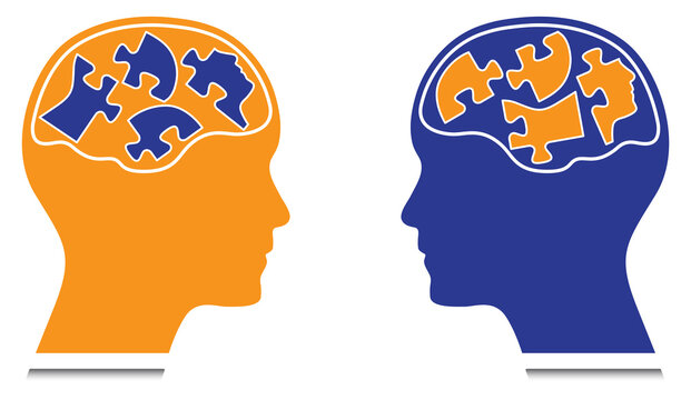 Head and brain with head shaped puzzle pieces. This vector design can be used in mental hygiene, neurology, personality and psychology design projects.