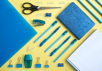 Lots of stationery objects. Accessories for school or college studies 