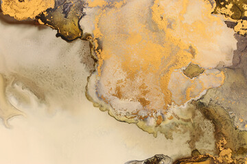 art photography of abstract fluid art painting with alcohol ink, black and gold colors