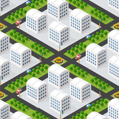 Urban isometric 3D illustration of a city block with houses, streets.