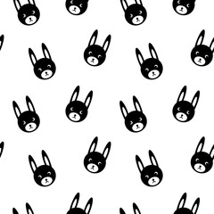 Seamless pattern with cute bunny faces. Simle black silhouettes on white background. Vector illustration.