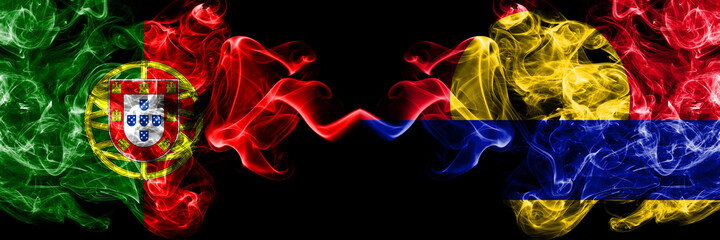 Portugal, Portuguese vs United States of America, America, US, USA, American, Palmyra Atoll smoky mystic flags placed side by side. Thick colored silky abstract smoke flags.