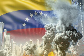 large smoke column with fire in abstract city - concept of industrial accident or terrorist act on Venezuela flag background, industrial 3D illustration