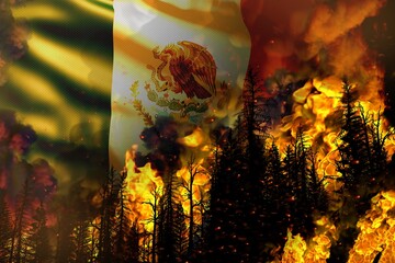 Big forest fire fight concept, natural disaster - infernal fire in the trees on Mexico flag background - 3D illustration of nature