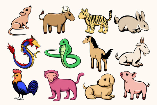 Set of twelve lunar zodiac horoscope symbol. Concept chinese happy new year. Color  vector illustration cartoon of twelve animal.