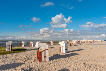 Sandy beach with beach baskets in Harlesiel - obrazy, fototapety, plakaty