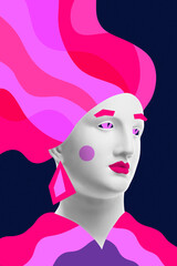 Collage with plaster antique sculpture of human face in a pop art style. Modern creative concept image with ancient statue head. Zine culture. Contemporary art poster. Funky minimalism. Retro design.
