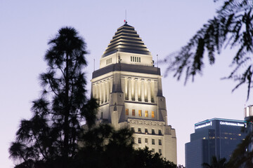 Los Angeles City Hall lighted at dusk