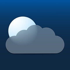 Vector drawing. Weather icon with cloud in style glass morphism and moon on dark background.