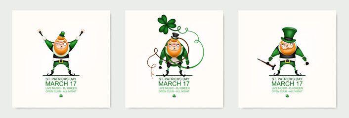 Happy St. Patrick's Day! Postcard, flyer, invitation. Patrick's ginger character posing and grimacing on a light background. Cartoon funny leprechaun in a festive costume. Vector illustration.