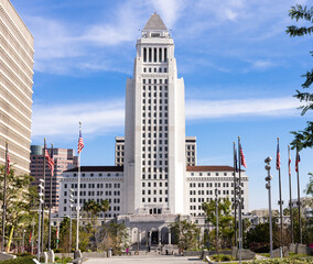 Los Angeles City Hall seen from Grand Park on bright sunny day