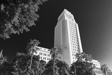 Los Angeles City Hall in black and white on bright sunny day