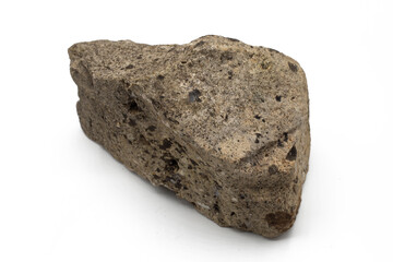 Obraz premium Stone with dry lichen and moss isolated on white background. Soft shadows. Horizontal shot. Clipping path, graphic resources for projects and nature concept.